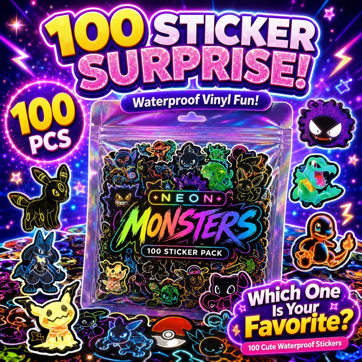 Skateboard - 100 adesivi Pokémon neon impermeabili, decorazioni